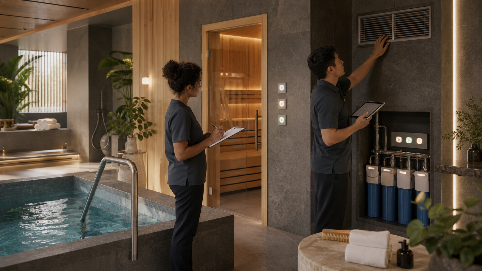 Editorial illustration of a fictional team commissioning spa water and ventilation systems