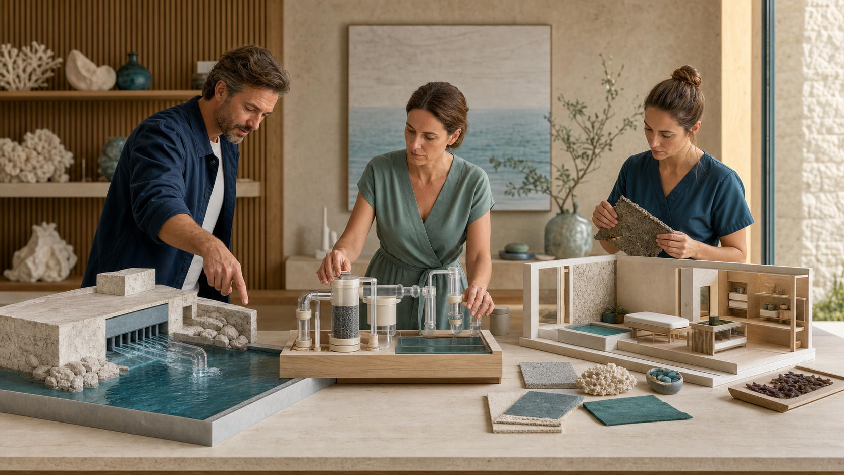 Editorial illustration of a fictional spa team reviewing seawater intake, pool systems and treatment controls around a tabletop model