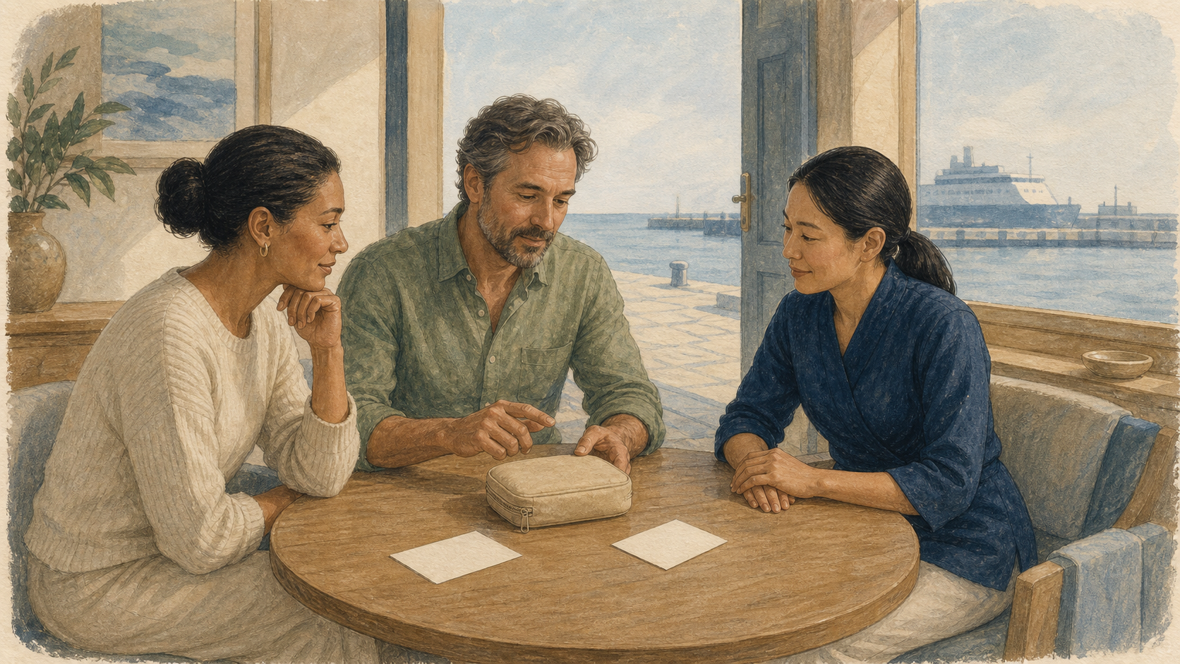 Editorial illustration of a fictional traveller, clinician and wellness coordinator preparing a shore-to-ship handover