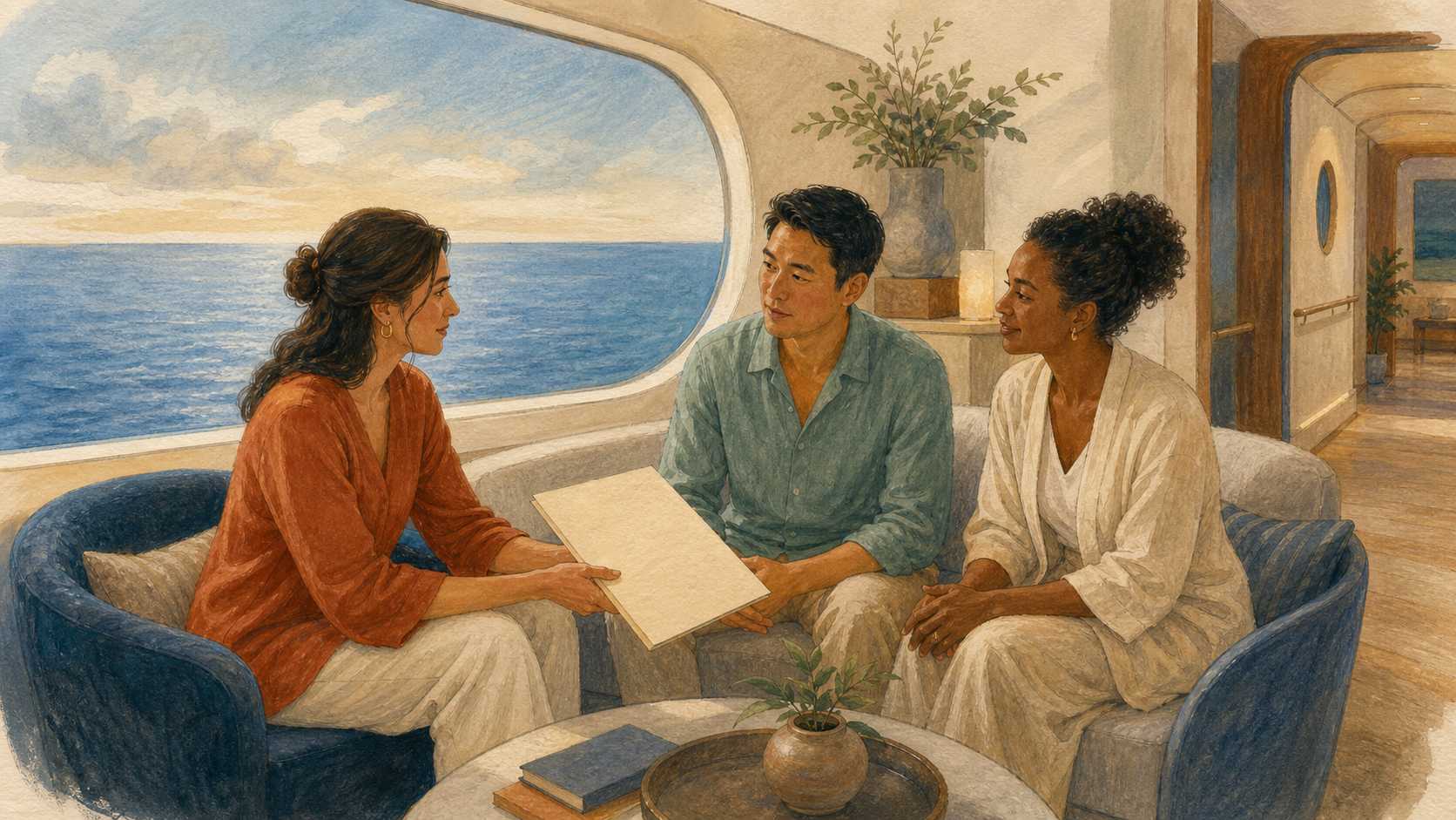Editorial illustration of a fictional traveller, clinician and wellness coordinator discussing a blank folder at sea