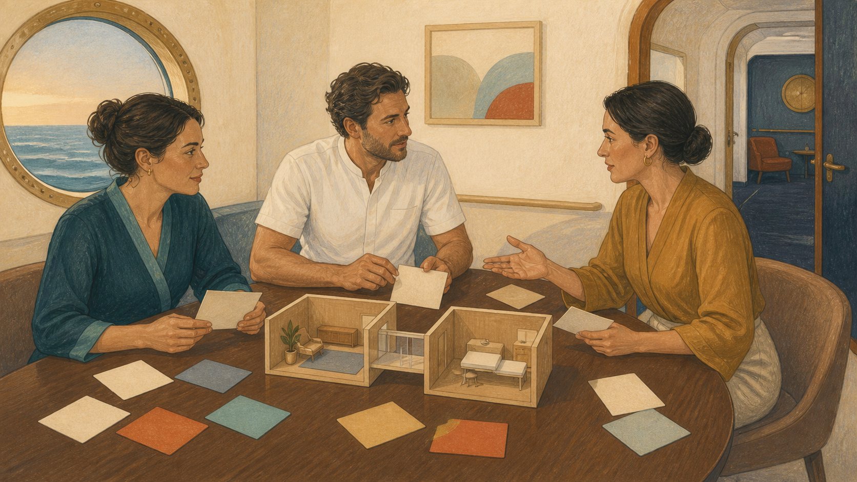 Editorial illustration of a fictional ship wellness and medical team rehearsing separate roles around a small room model