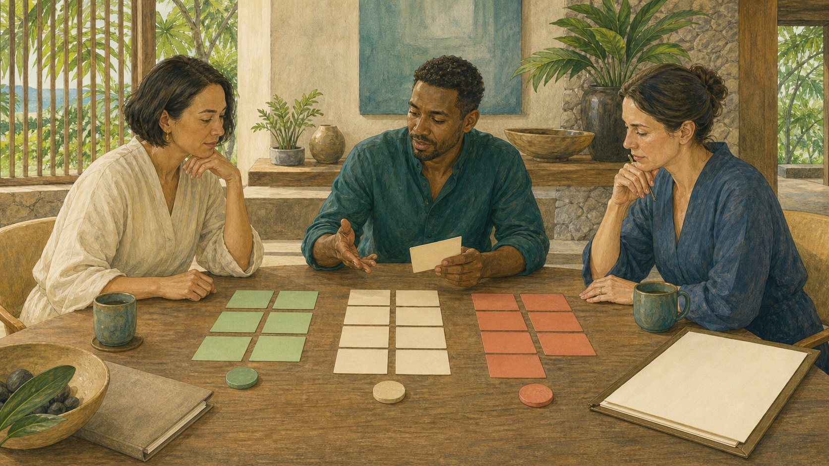 Editorial illustration of a fictional spa team separating programme delivery, guest experience and health claims