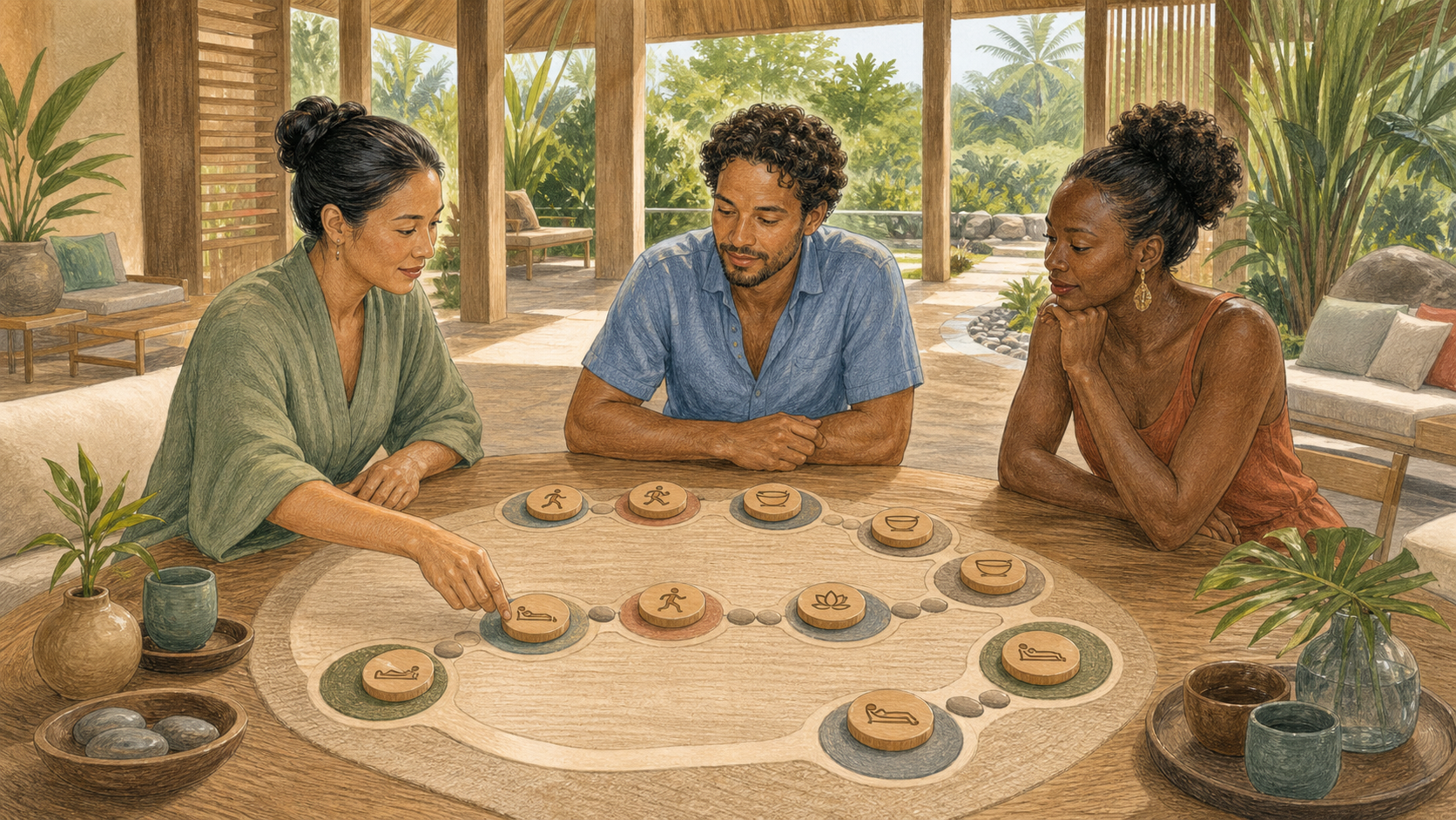 Editorial illustration of fictional guests choosing a paced wellness immersion itinerary