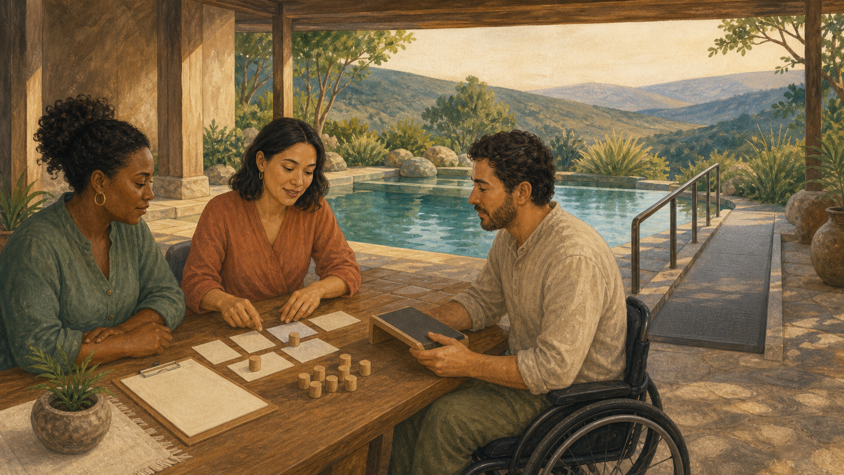 Editorial illustration of a fictional inclusive spa team rehearsing a small wellness tourism product pilot