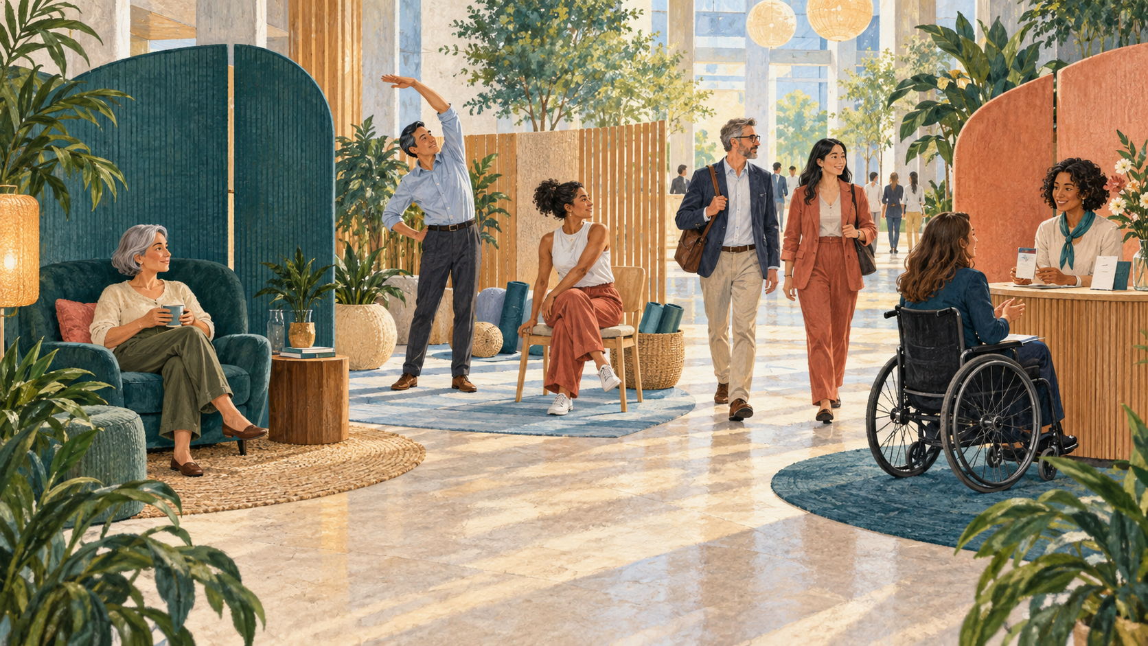Editorial illustration of fictional delegates choosing quiet, adaptable movement or a spa information desk