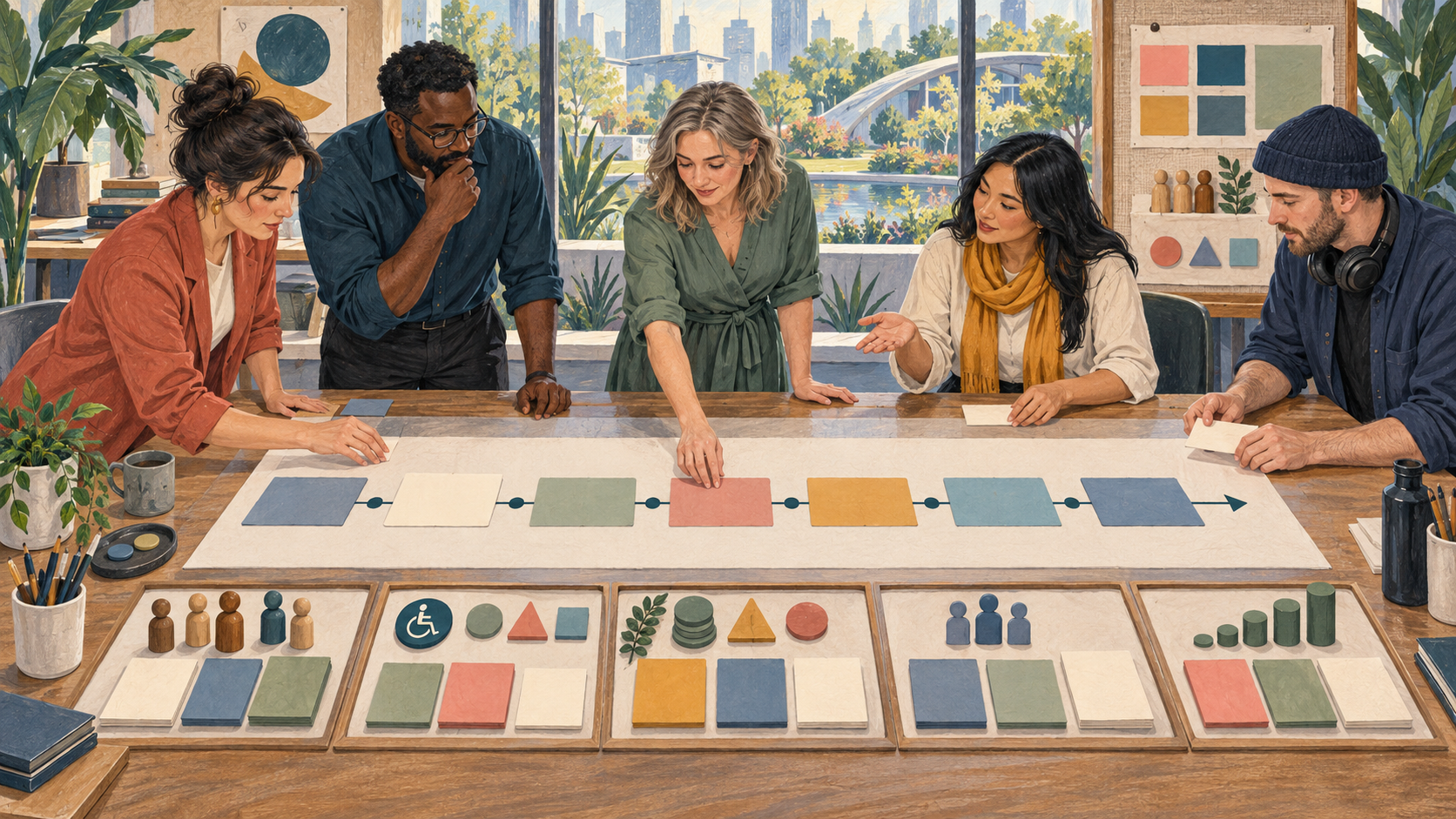 Editorial illustration of a fictional event team arranging a blank delegate-day service map