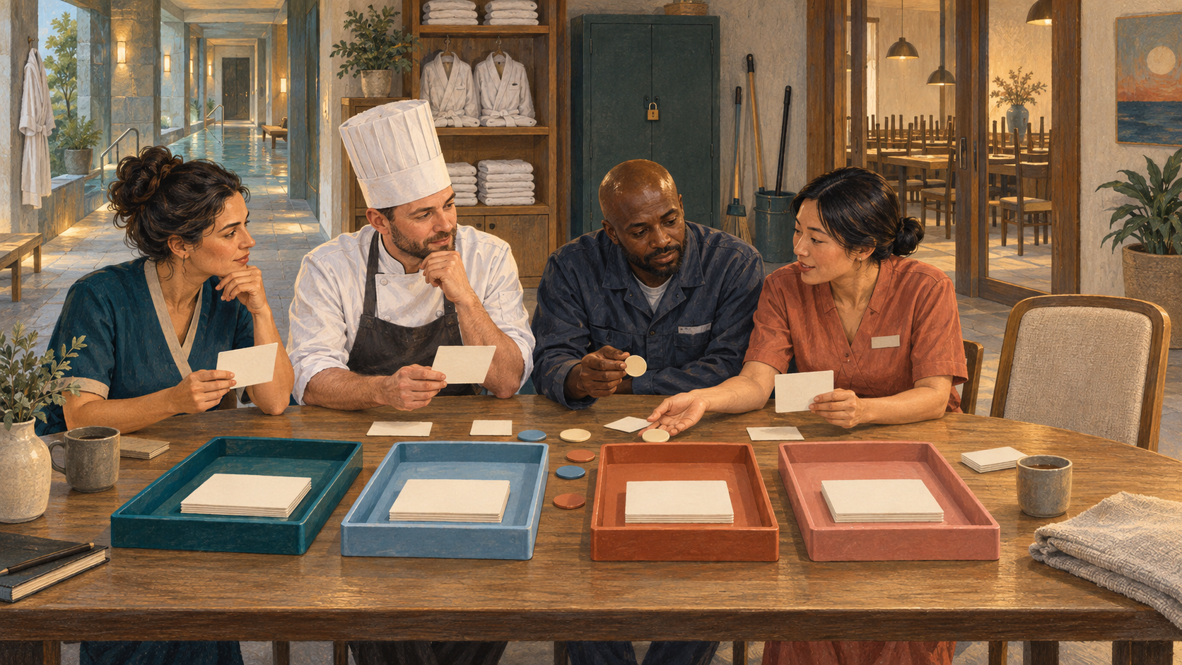 Editorial illustration of a fictional bathhouse and restaurant team reviewing separate service records