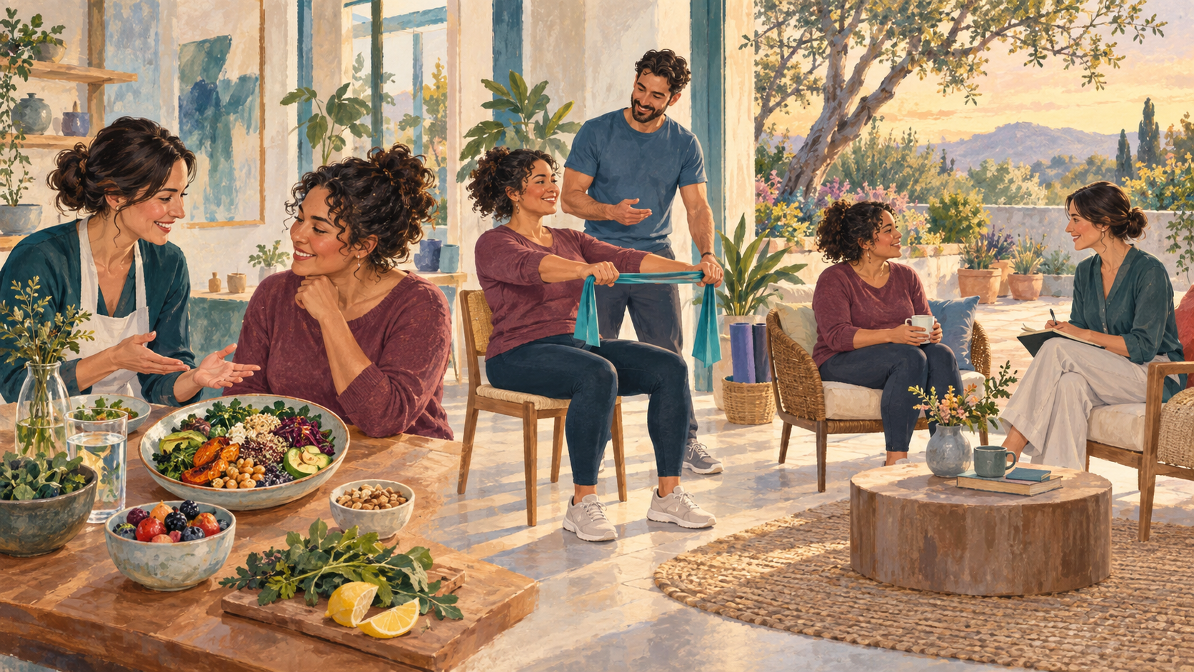 Conceptual editorial illustration of a fictional guest receiving personalised nutrition, adaptable movement and follow-up support