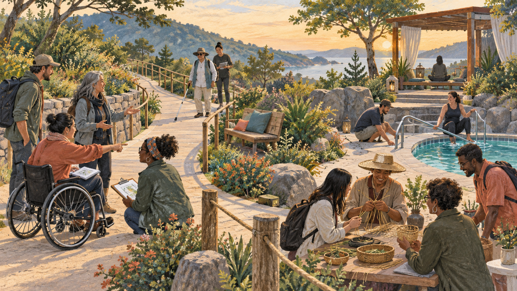 Editorial illustration of fictional operators and community contributors testing an accessible wellness tourism route