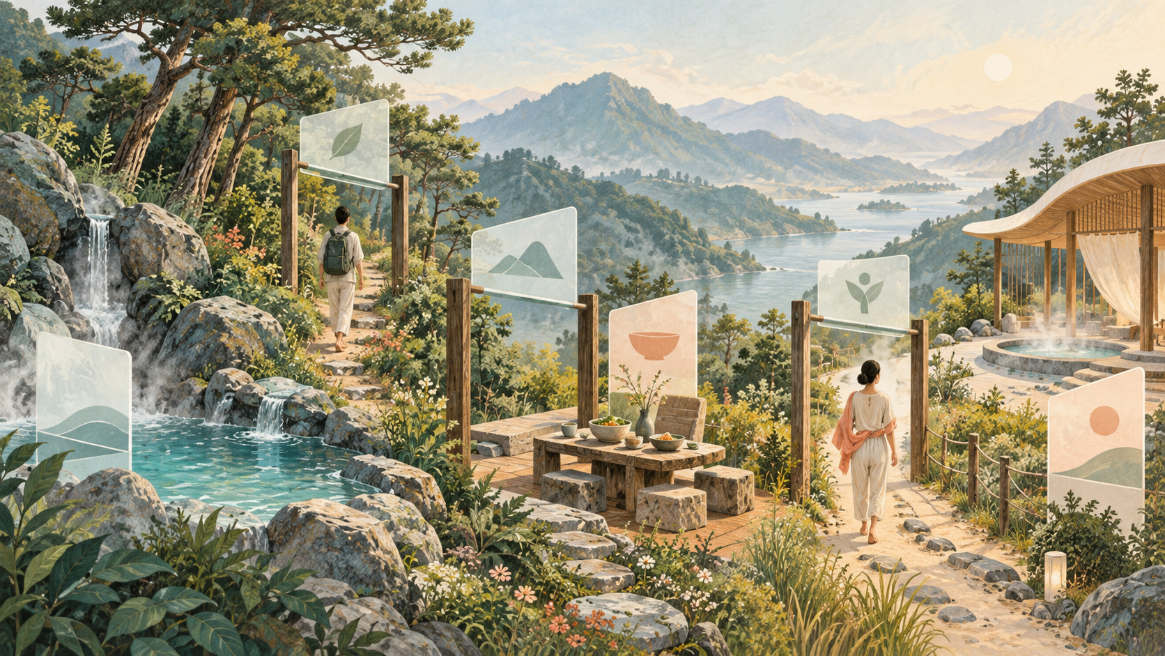 Conceptual editorial illustration of a fictional landscape path connecting wellness resources through blank evidence checkpoints