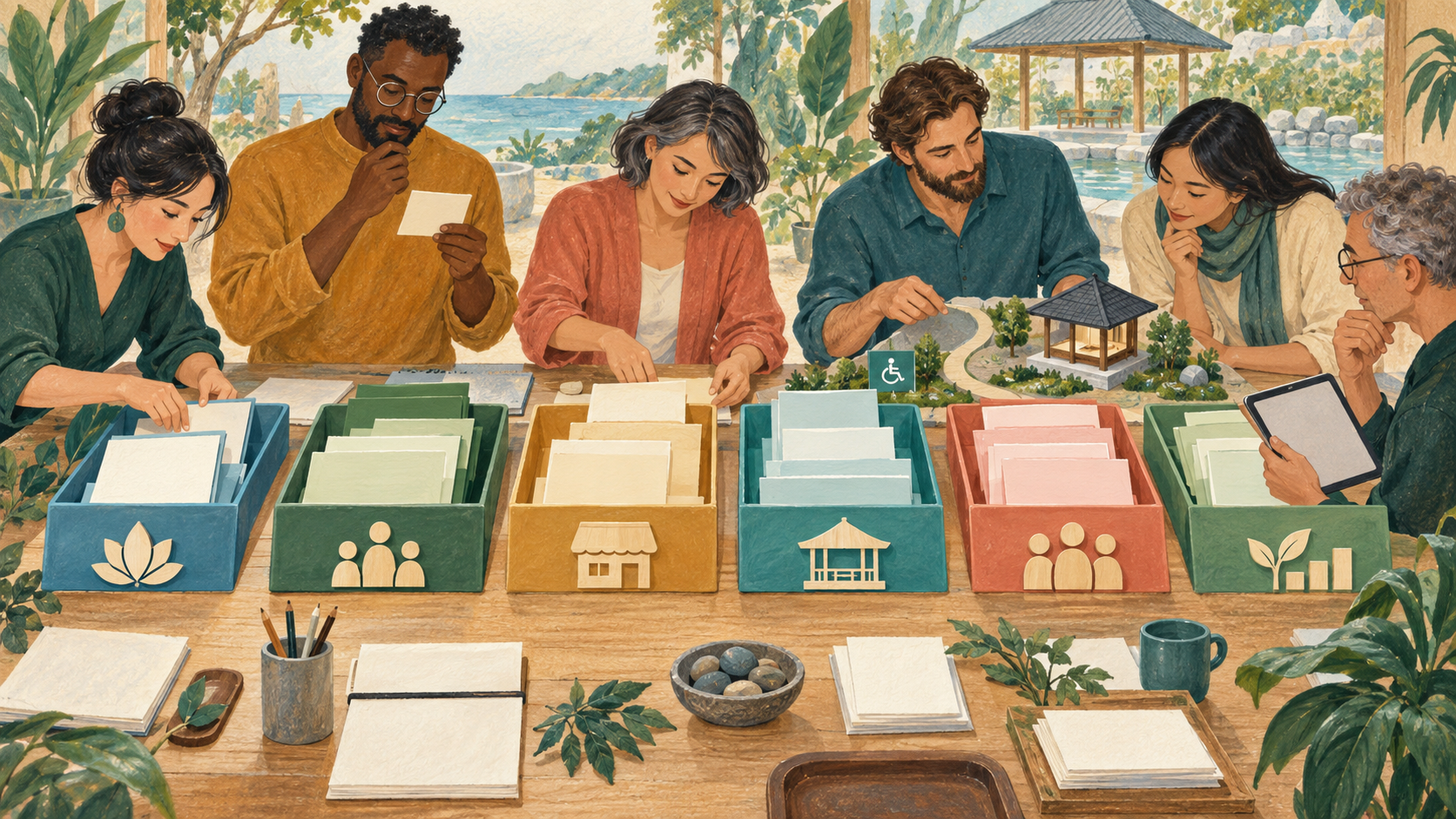 Editorial illustration of a fictional team separating blank evidence files for wellness tourism services