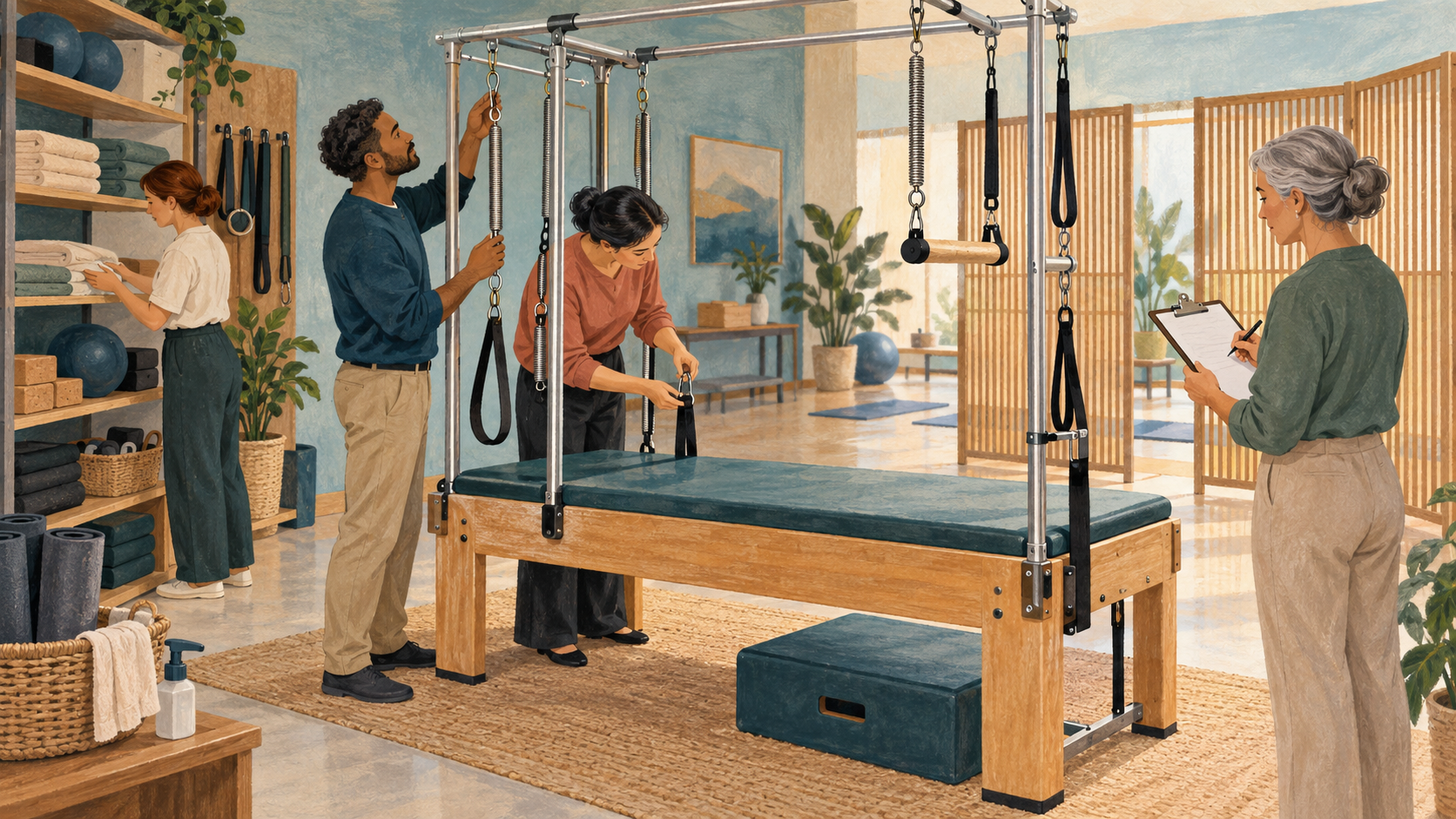 Editorial illustration of a fictional team inspecting a spring-based Pilates apparatus