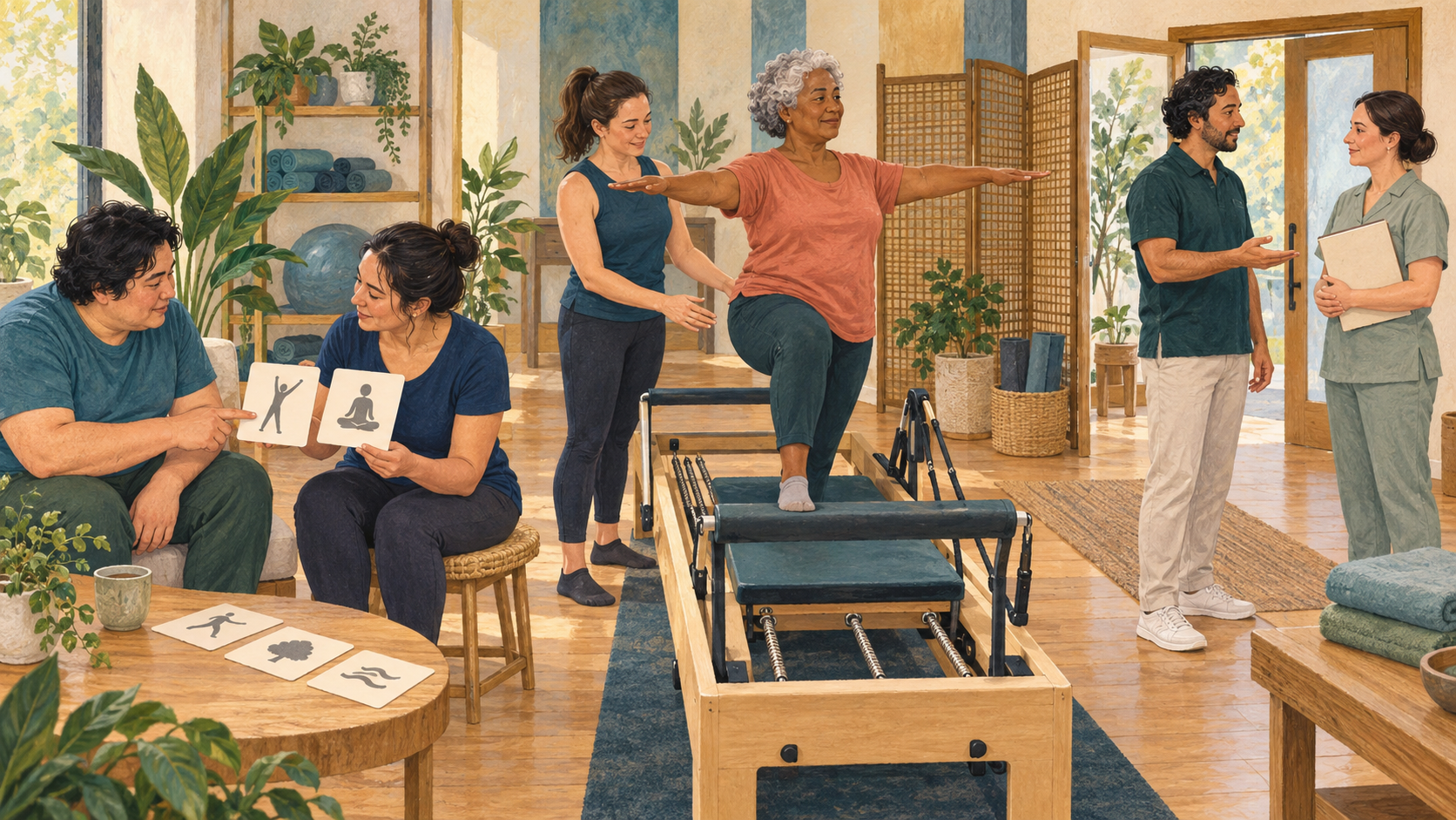 Editorial illustration of a fictional hotel Pilates journey from goal setting to supervised movement and referral