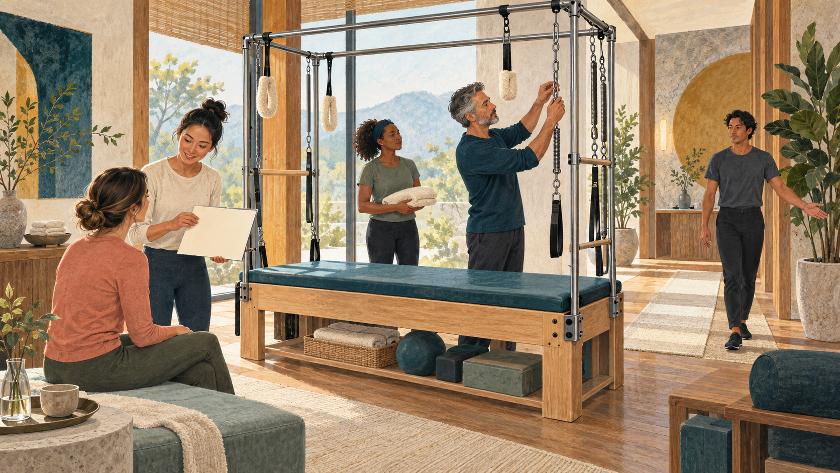 Editorial illustration of a fictional hotel team preparing a Pilates apparatus and service boundary