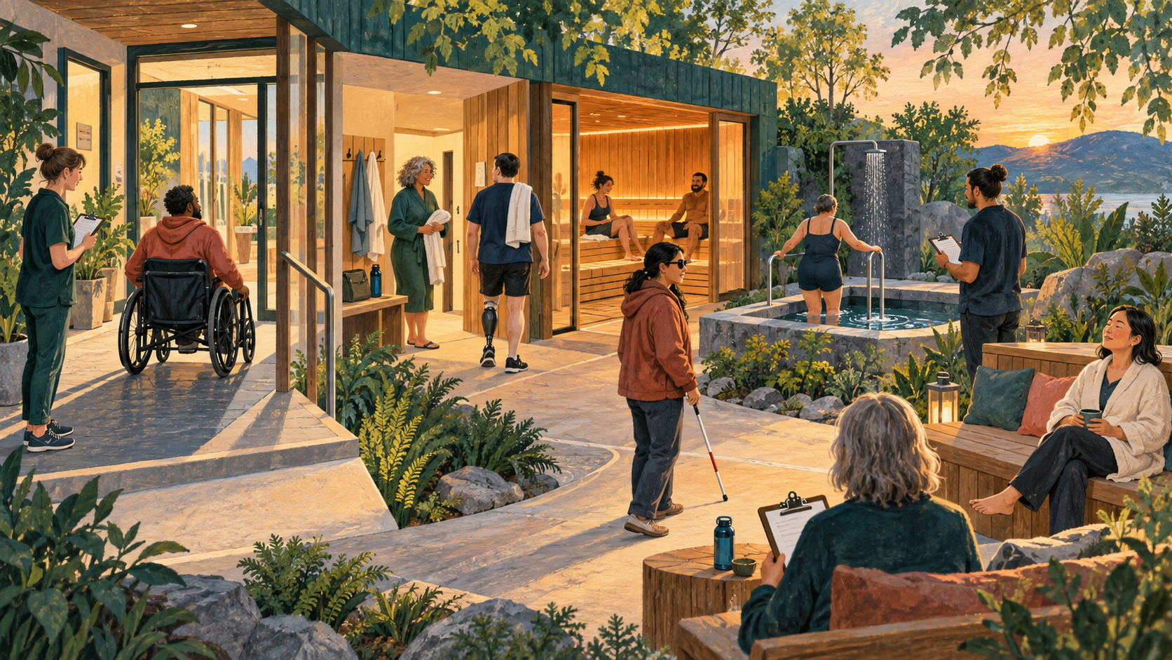 Editorial illustration of a fictional inclusive public sauna session with accessible routes and shared stewardship