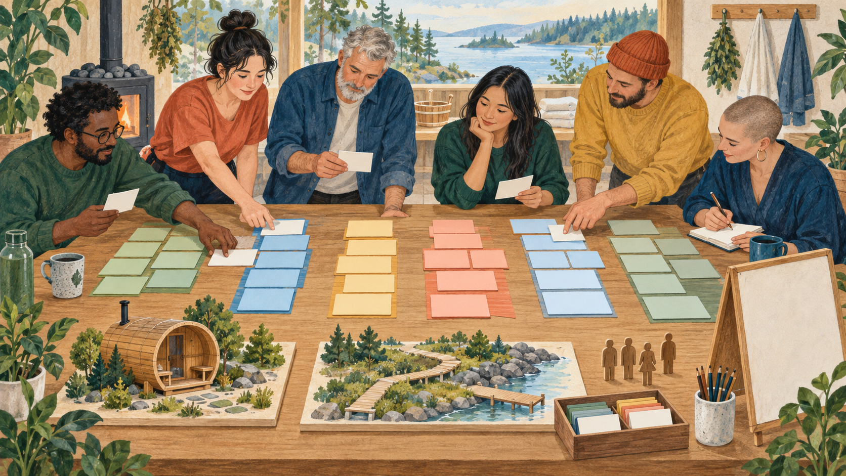 Editorial illustration of a fictional public sauna team reviewing separate blank commitment and evidence cards