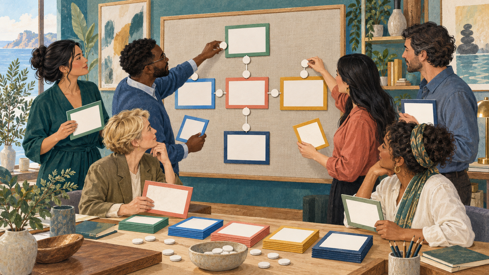 Editorial illustration of a fictional spa team arranging separate blank relationship records