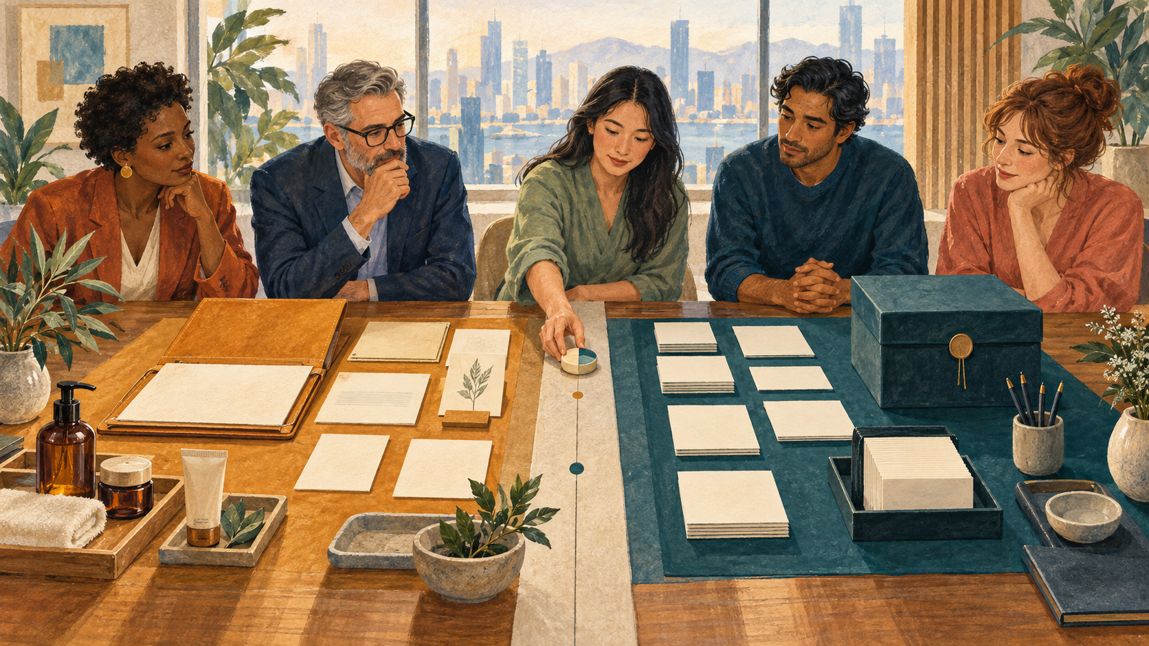 Editorial illustration of a fictional team reviewing separate partnership and evaluation pathways