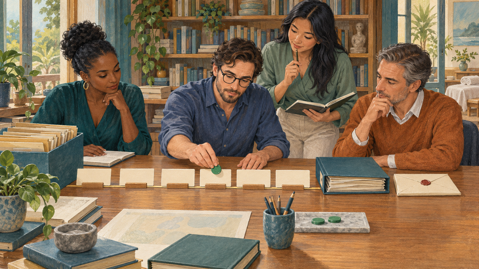 Editorial illustration of a fictional research team checking a blank evidence timeline