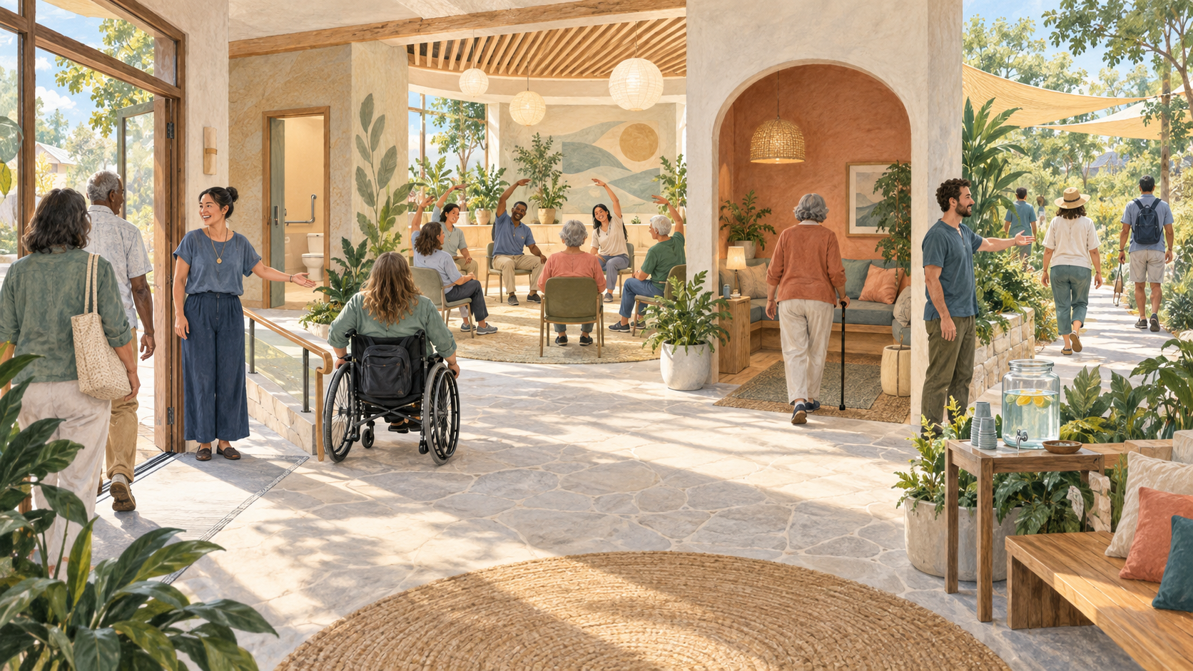 Editorial illustration of adults choosing among accessible community wellness activities