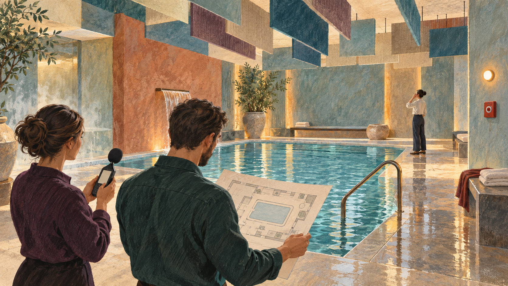 Conceptual editorial illustration of a fictional team testing sound and communication in an invented indoor thermal space