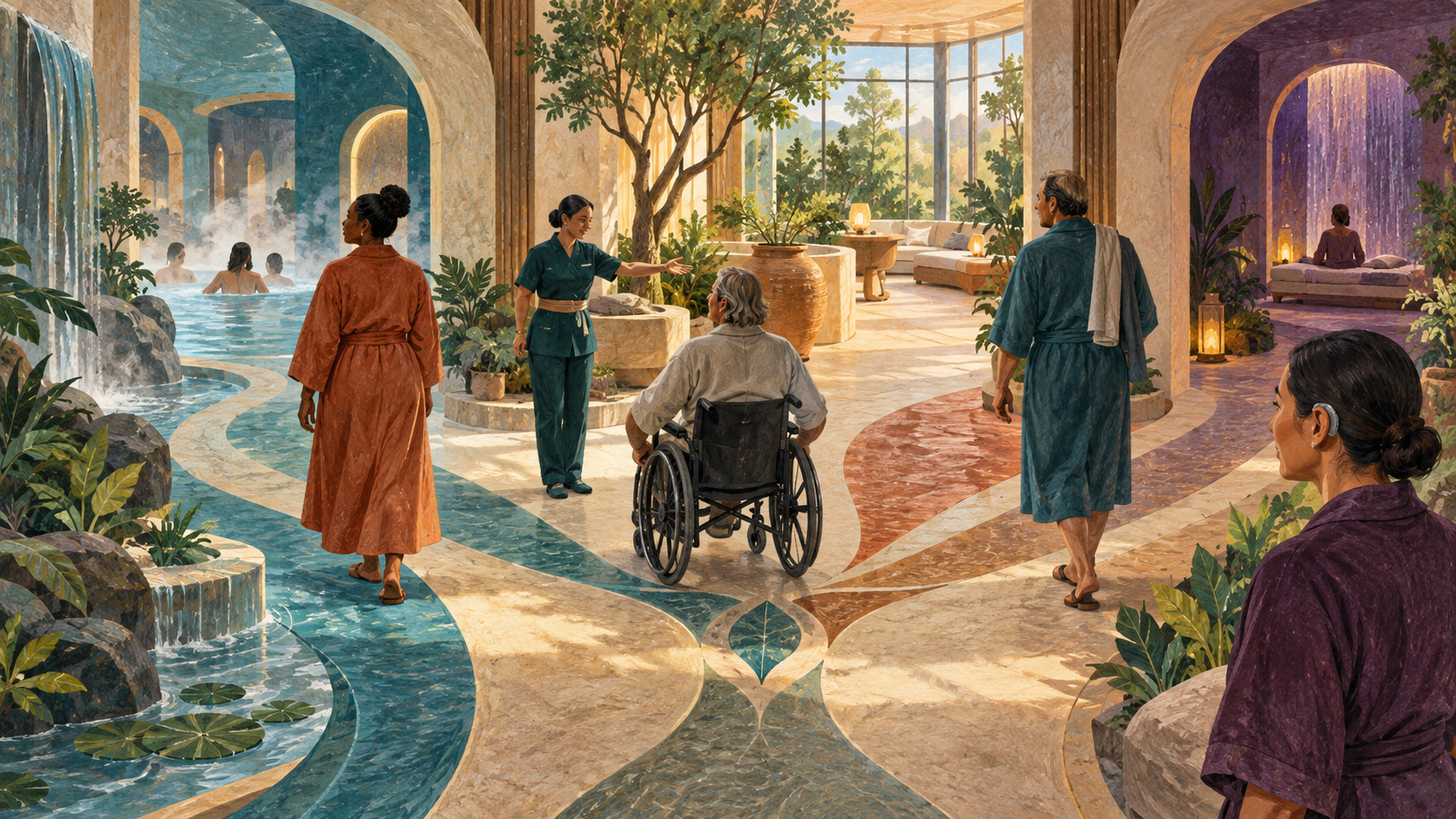 Conceptual editorial illustration of fictional guests choosing among accessible paths between thermal-spa zones