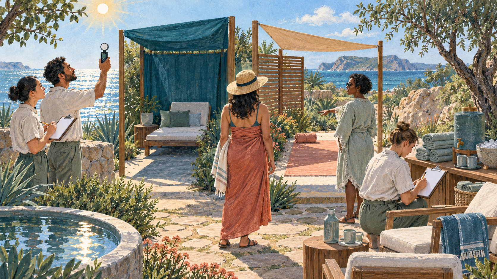 Editorial illustration of a fictional spa team controlling sunlight, shade and recovery zones