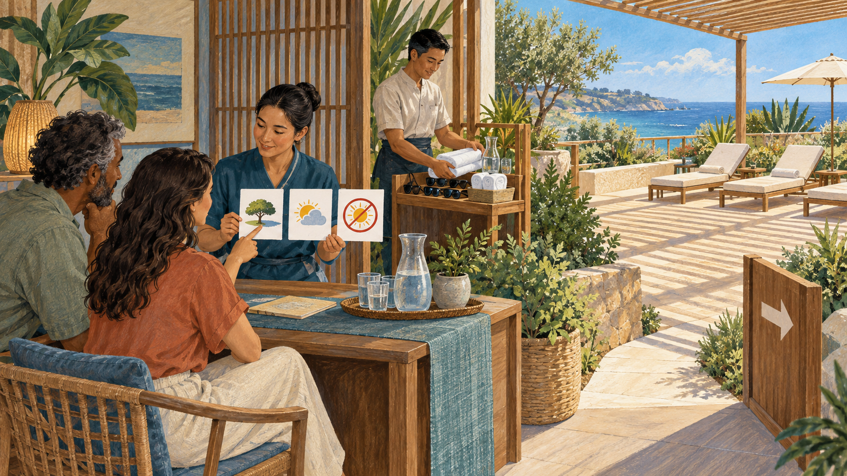 Editorial illustration of a fictional guest choosing shade during a sunlight-service consultation
