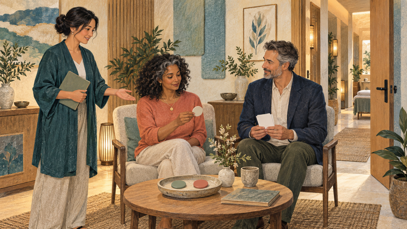 Editorial illustration of an awake spa guest choosing between two session routes
