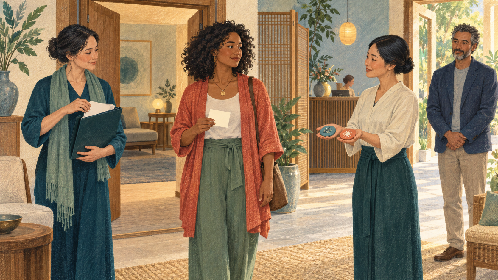 Editorial illustration of a fictional spa guest receiving a blank card and two support-route choices