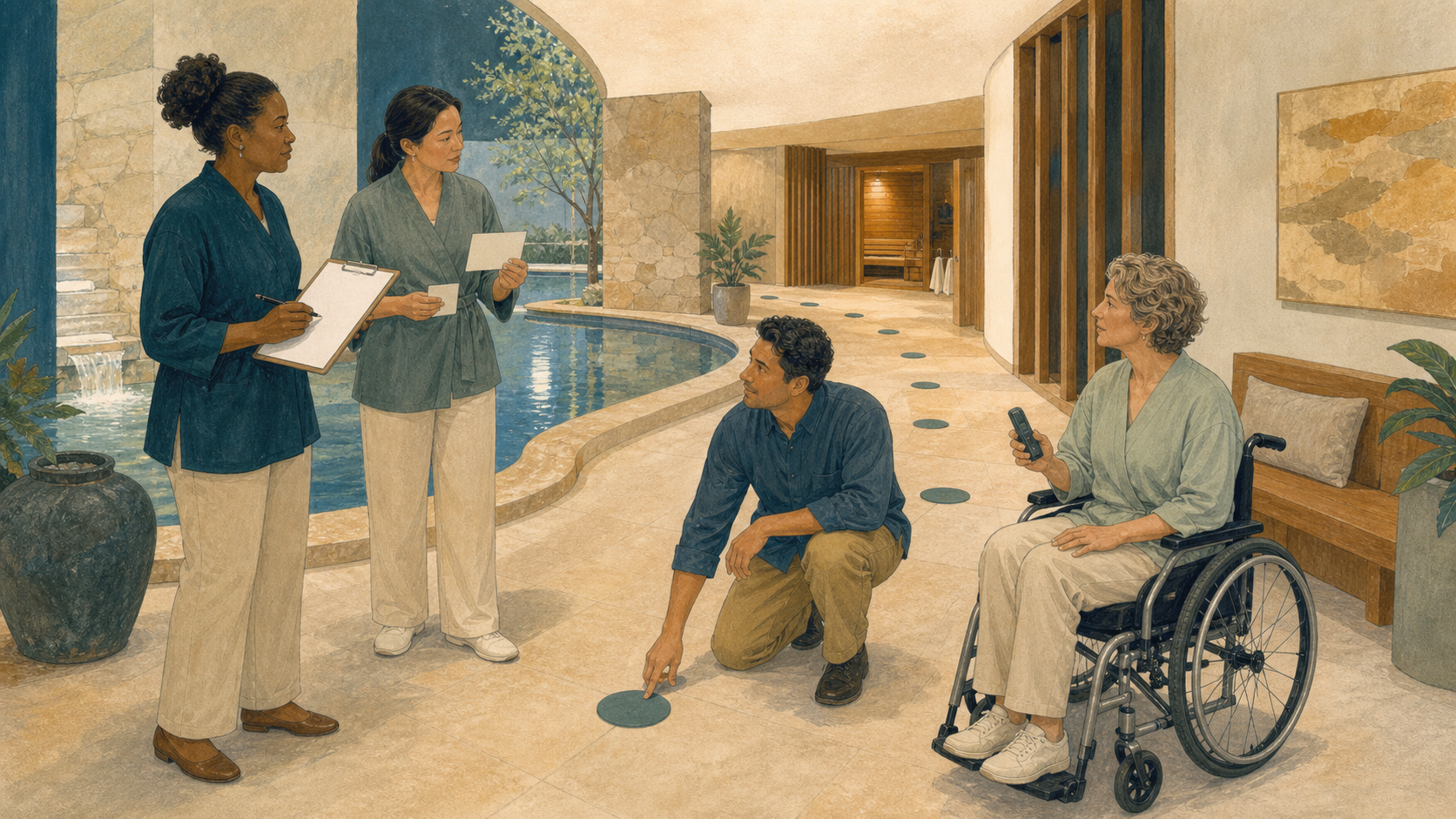 Editorial illustration of a fictional spa operations team rehearsing reopening in a completed but empty thermal facility