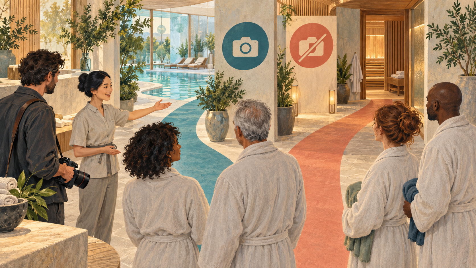 Editorial illustration of fictional spa guests choosing between camera and camera-free routes