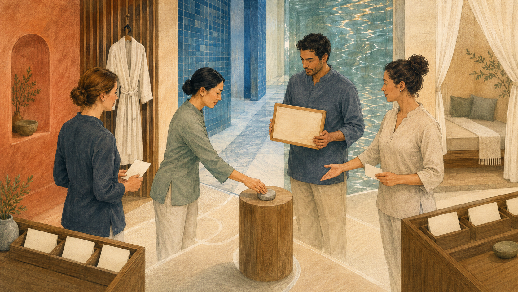 Editorial illustration of a fictional spa team pausing a route for an operational handover