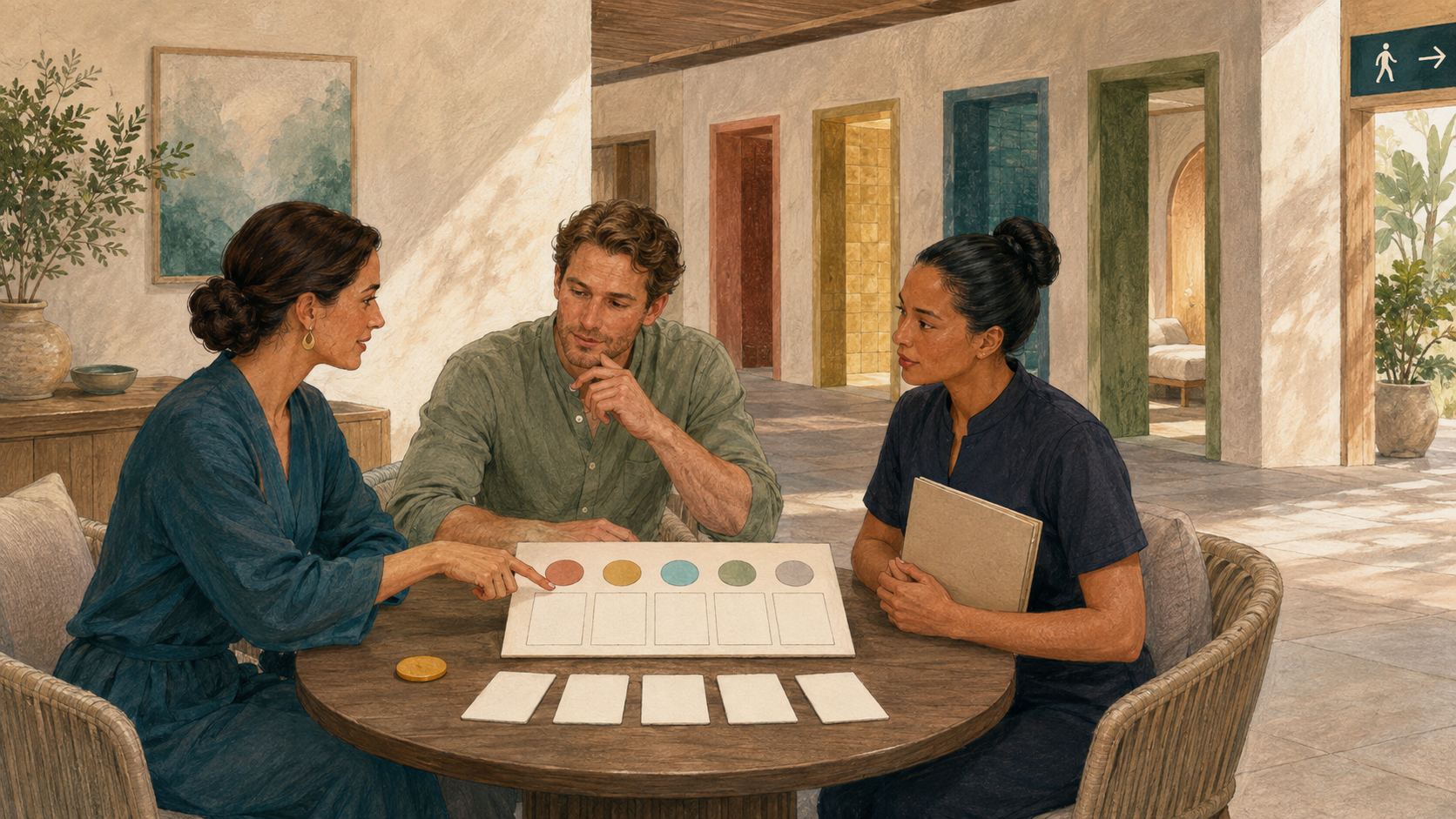 Editorial illustration of a fictional guest and spa team reviewing separate suitability cards