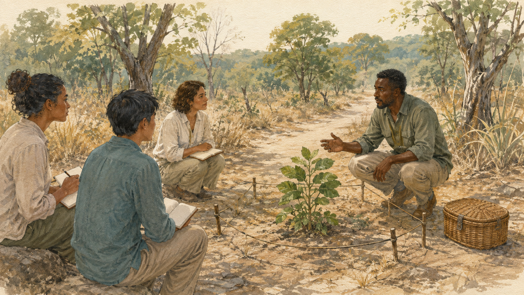 Editorial illustration of a fictional knowledge holder guiding observation of an untouched woodland plant