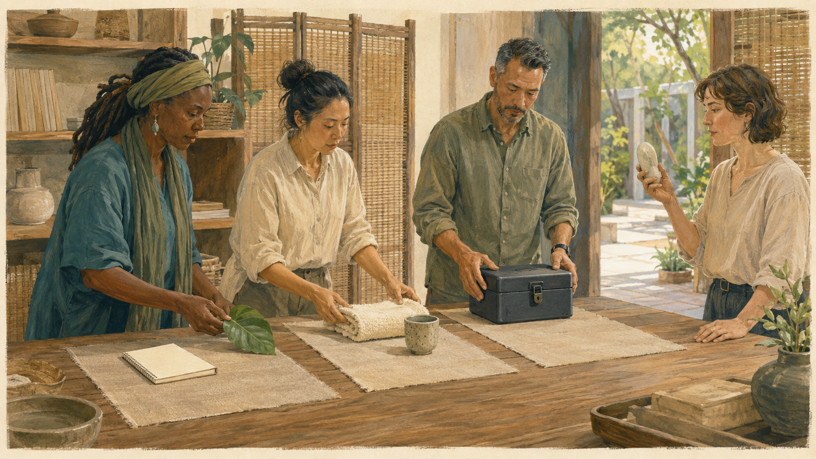 Editorial illustration of a fictional retreat team separating education, hospitality and regulated materials