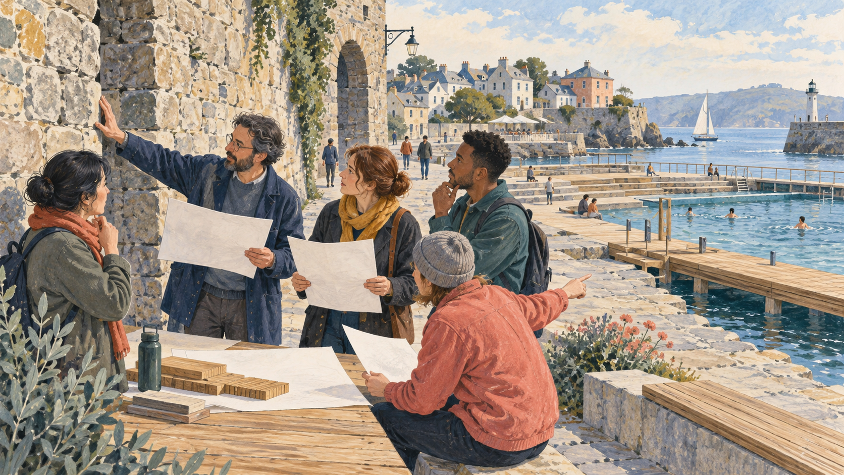 Conceptual editorial illustration of a fictional team reviewing heritage fabric and a public route at an invented harbour