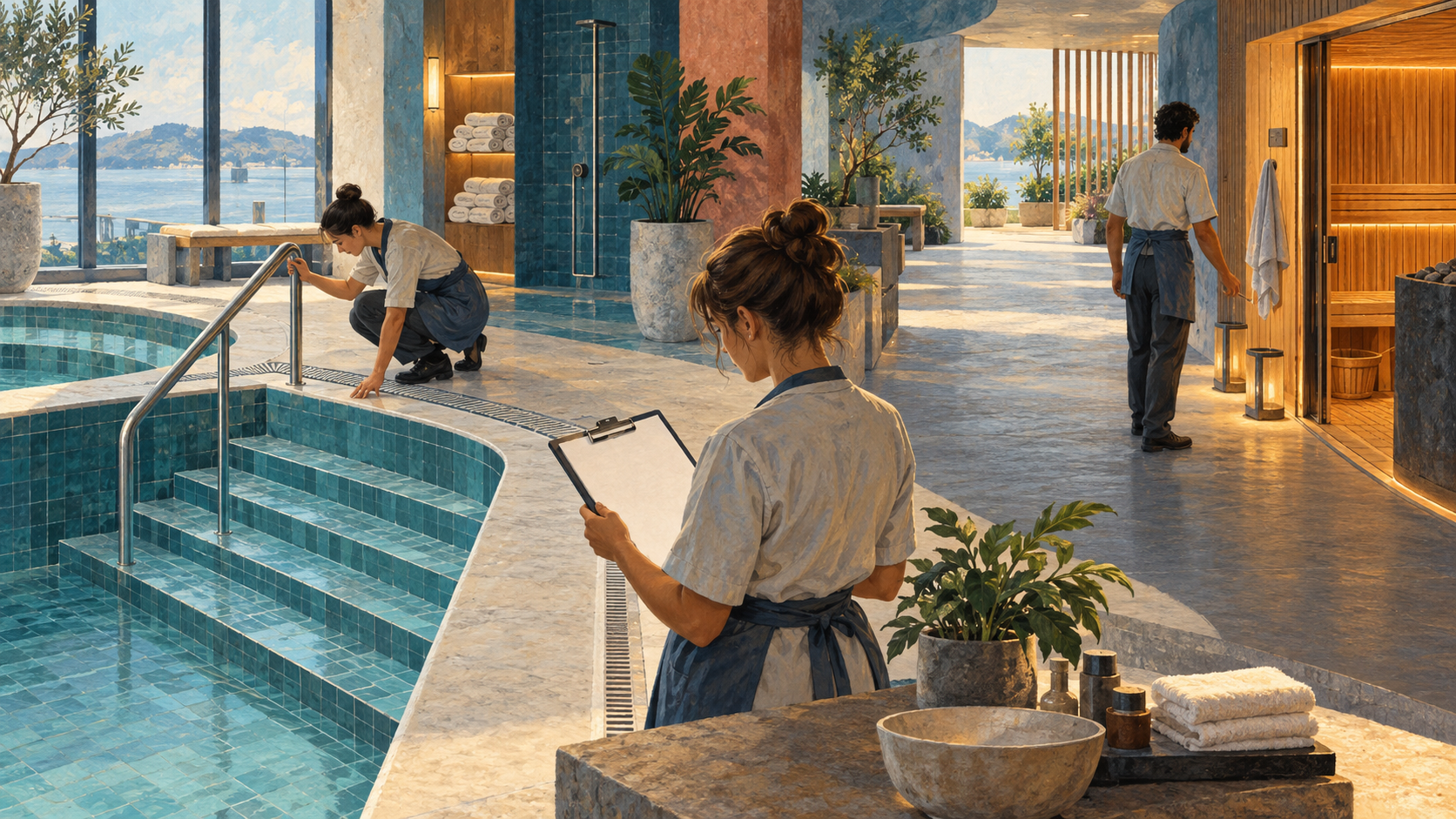 Generic editorial illustration of a fictional bathhouse team checking pool access, an empty sauna entrance and a blank record