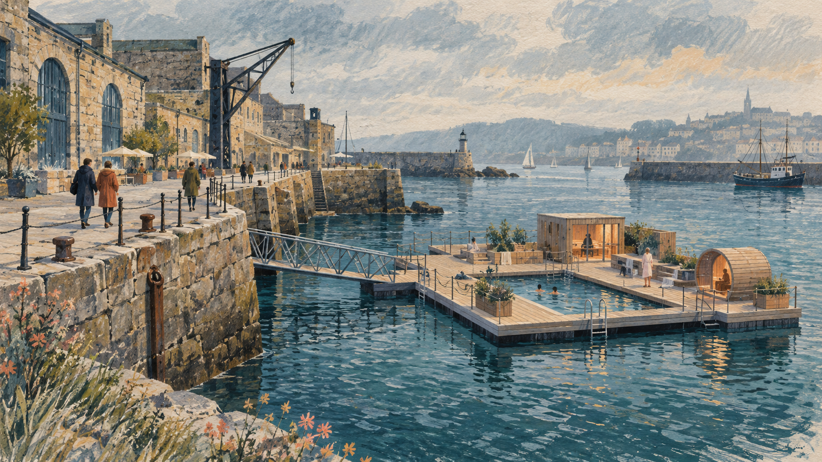 Conceptual editorial illustration of a fictional harbour with a public quay and abstract floating bath deck