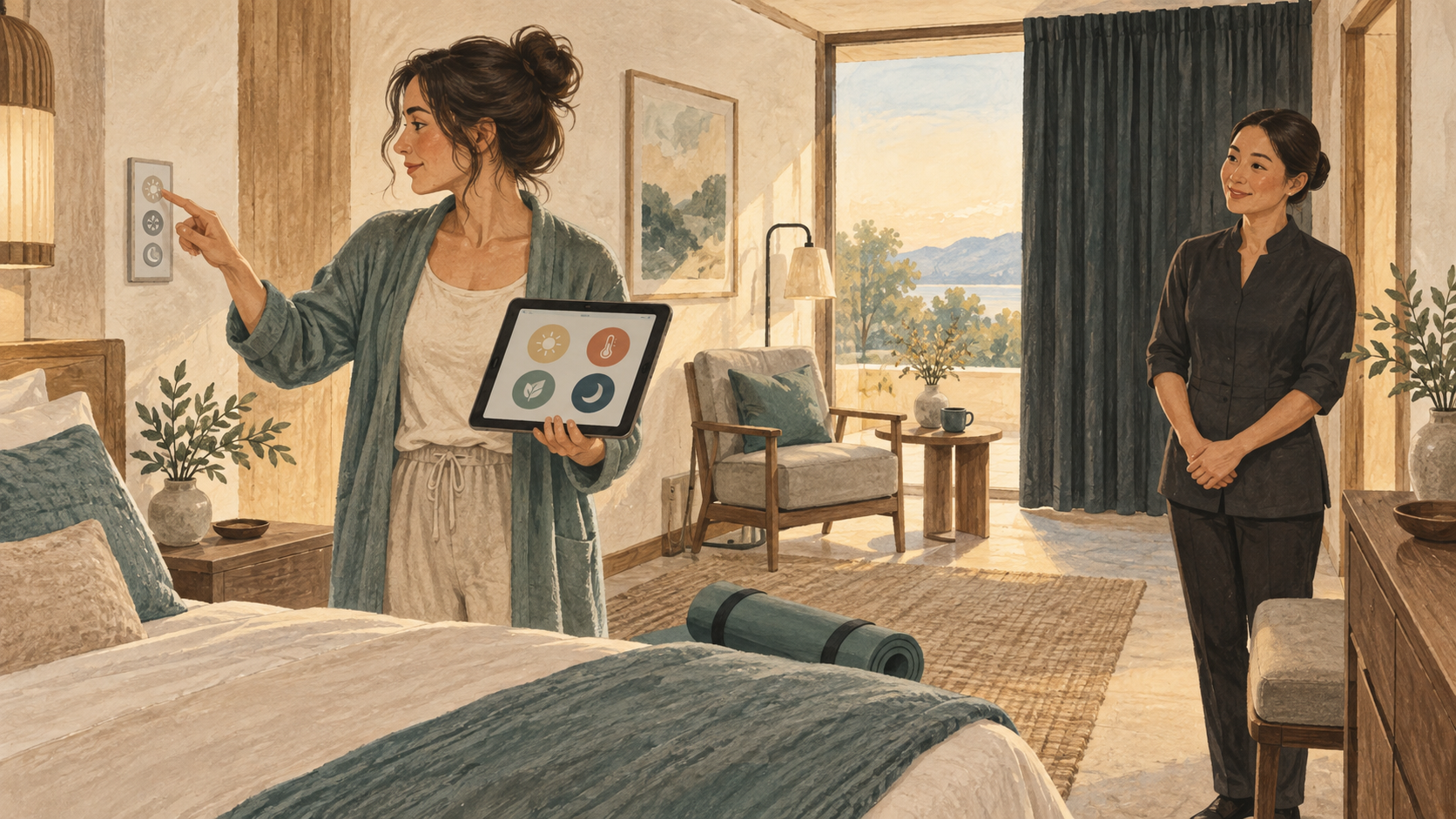 Editorial illustration of a guest choosing between physical and tablet controls while a hotel host remains available