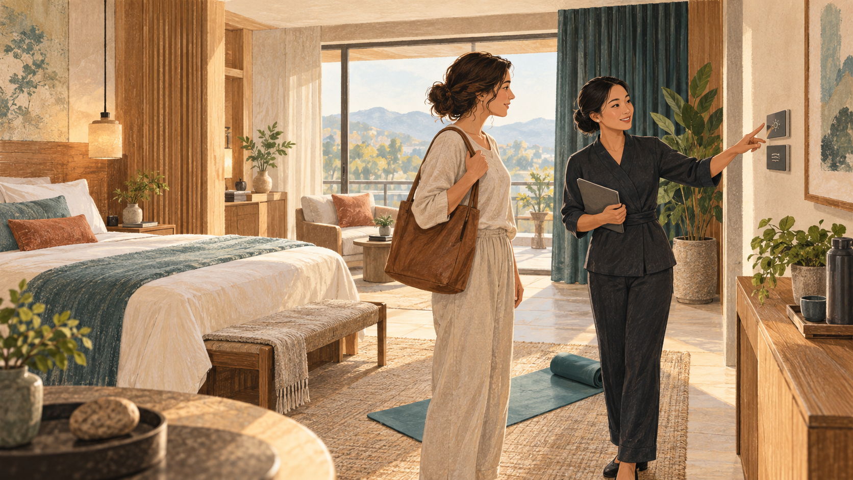 Editorial illustration of a hotel host explaining simple wellness room controls to an arriving guest in a fictional suite