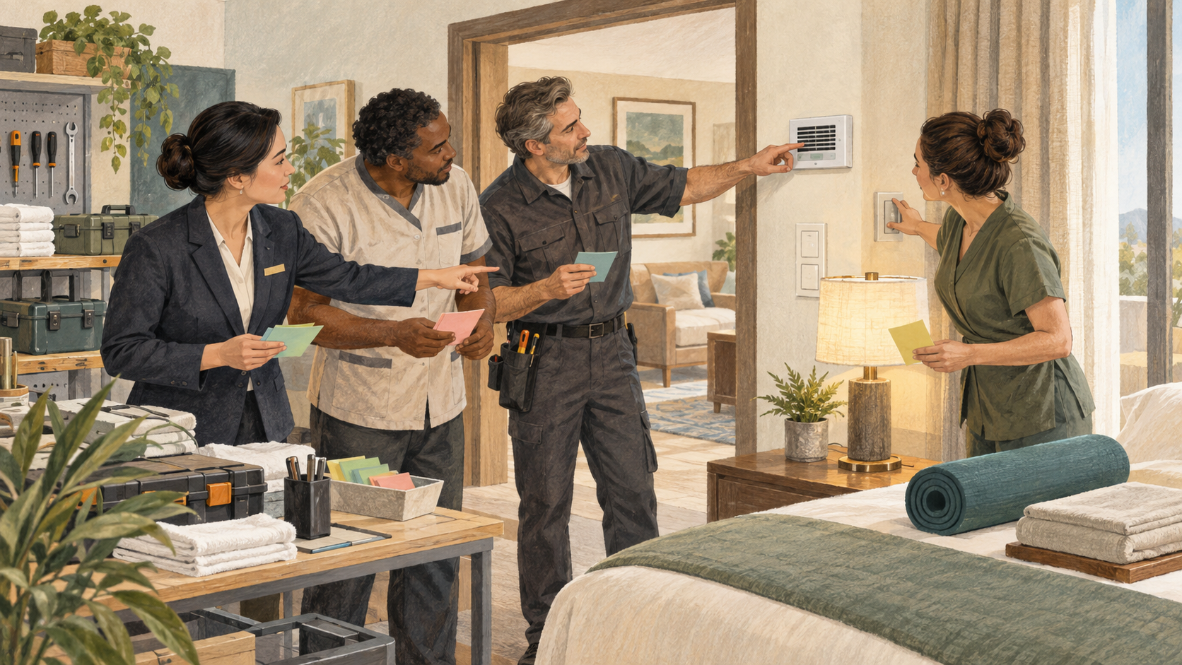 Editorial illustration of reception, housekeeping, engineering and wellness staff testing controls in a fictional hotel room