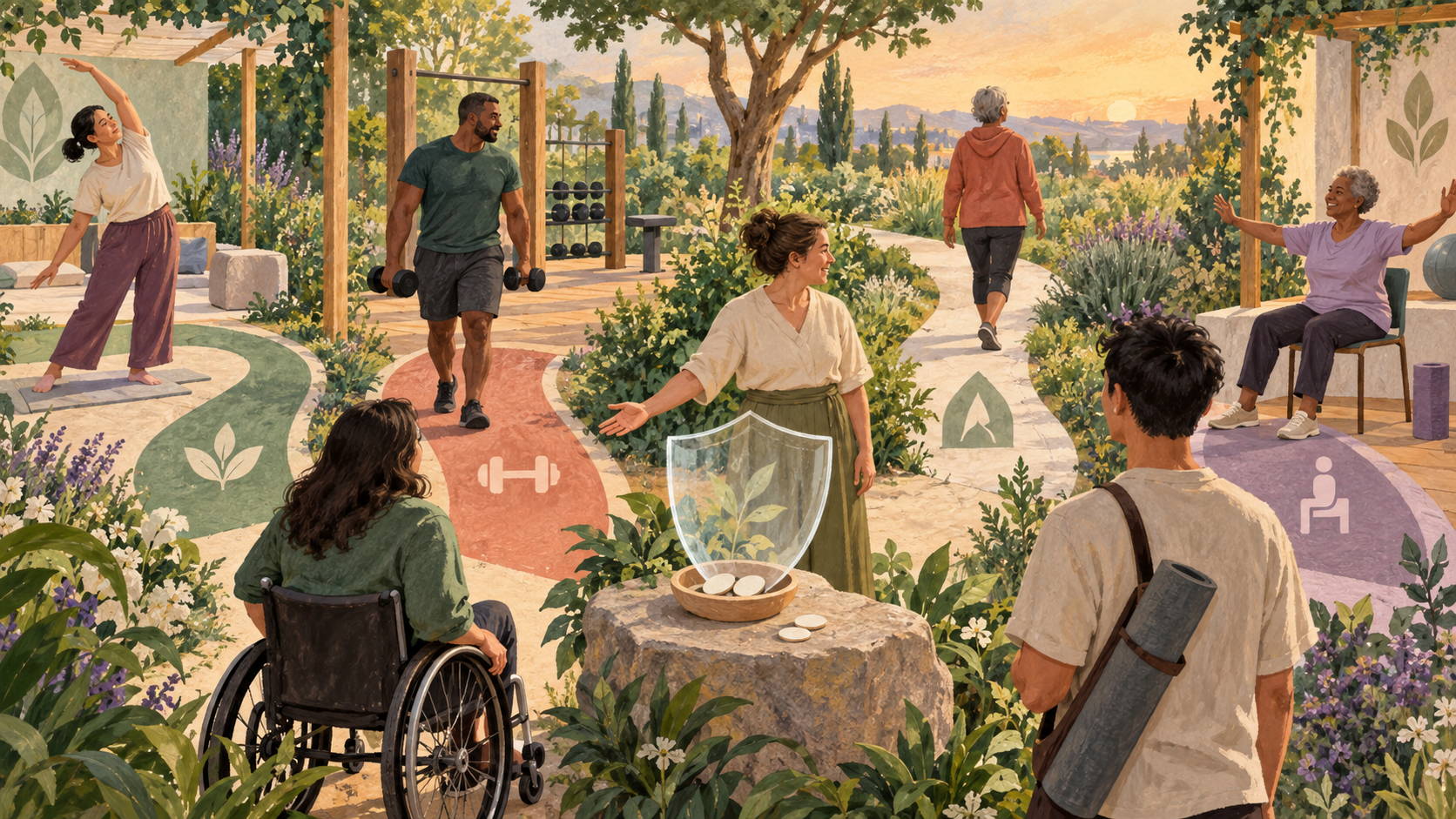 Conceptual editorial illustration of fictional people choosing accessible movement routes beside protected blank participation tokens