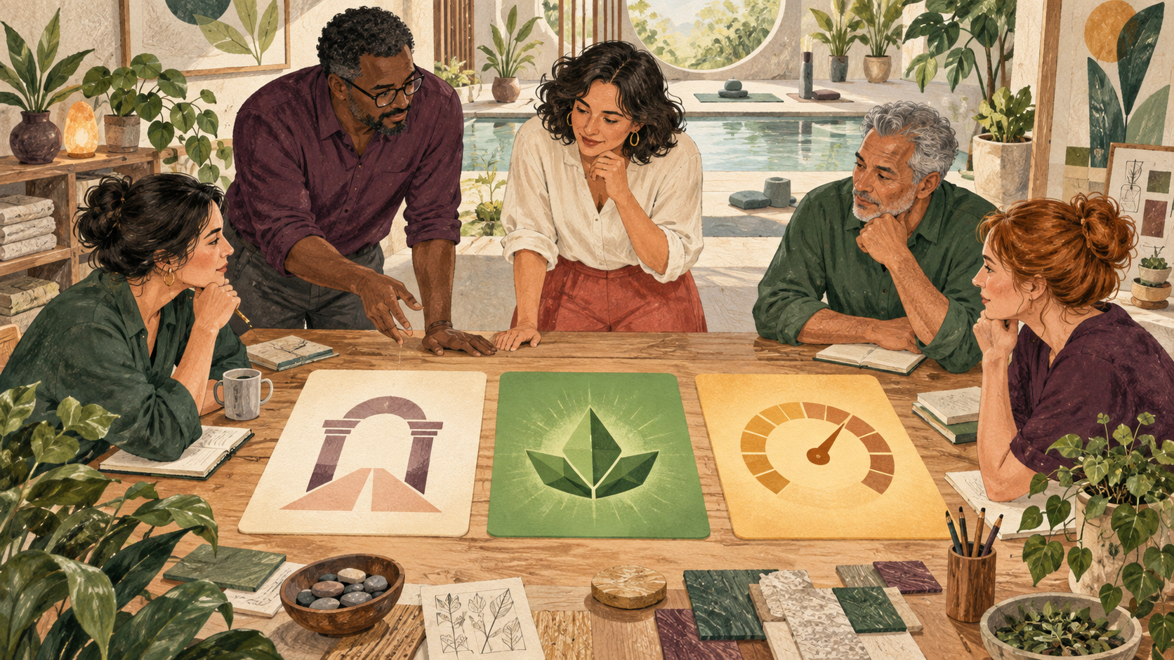 Conceptual editorial illustration of a fictional wellness team reviewing three separate evidence cards for entry, reward and measurement