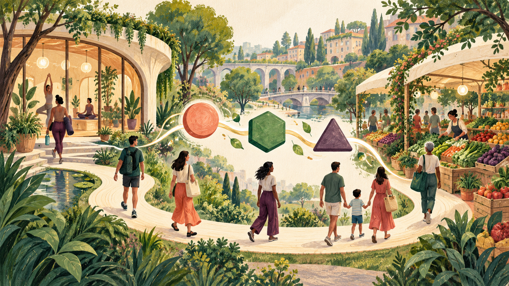 Conceptual editorial illustration of fictional people moving between a wellness club and fresh-produce market along three blank reward markers