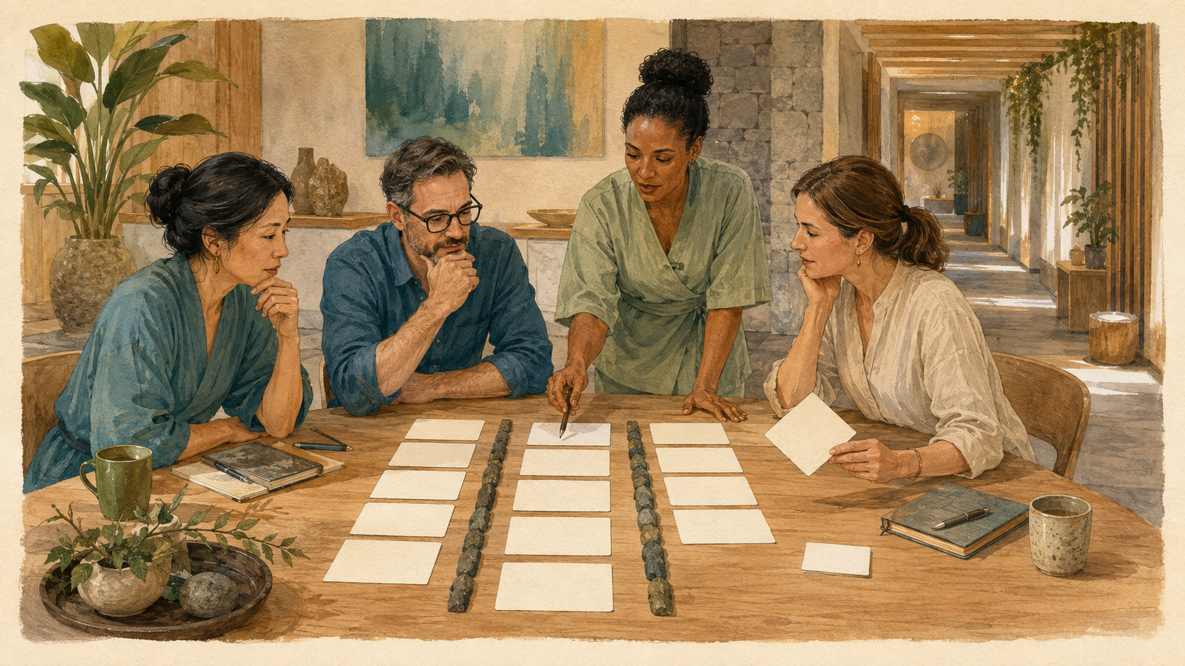 Editorial illustration of a fictional spa team comparing external research, property evidence and a controlled pilot