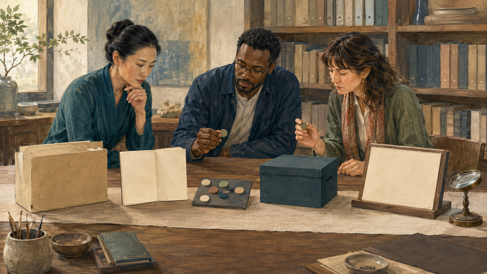 Editorial illustration of a fictional research team examining blank source, methods and archive materials