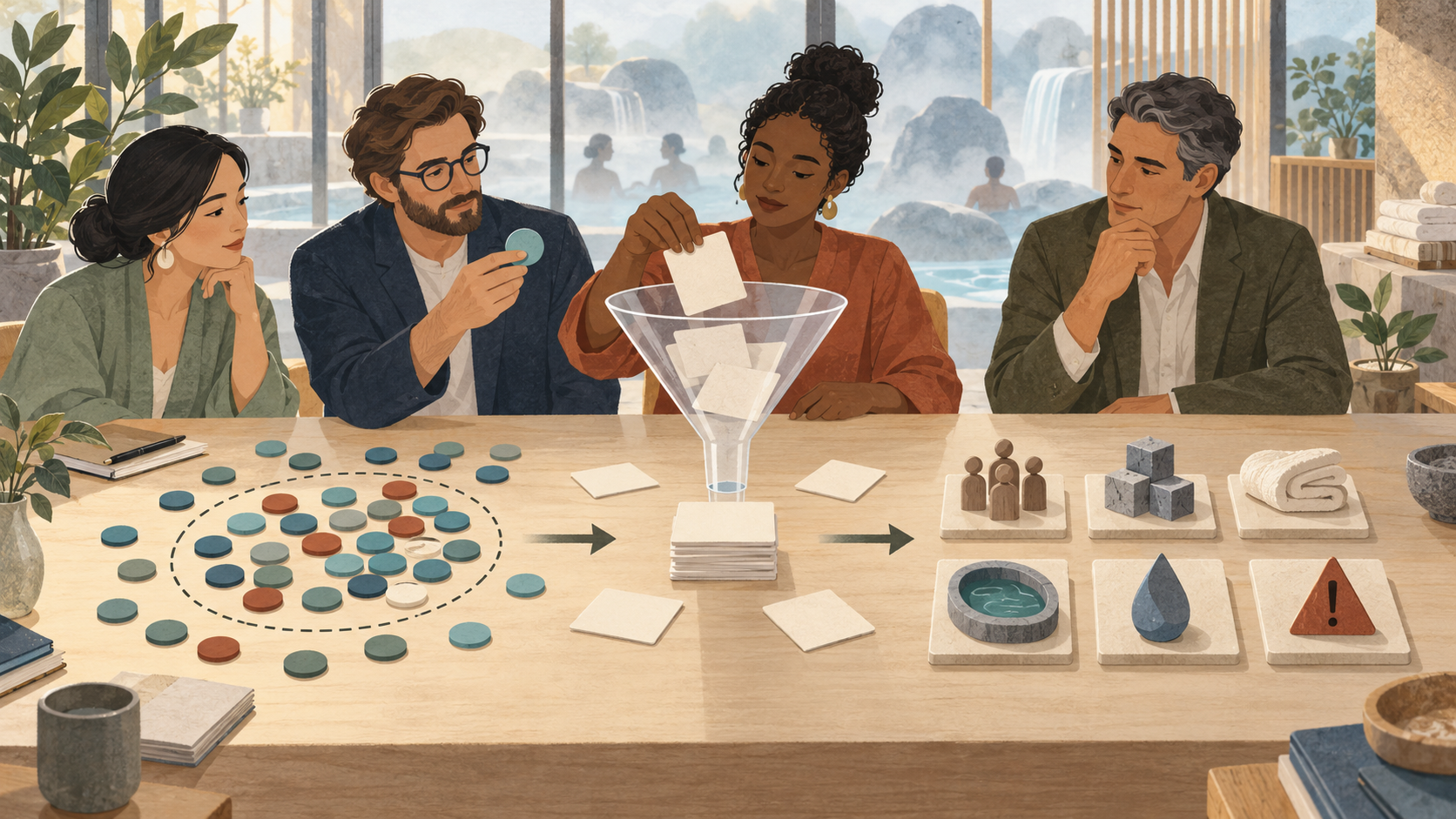 Editorial illustration of fictional spa leaders comparing an external bathhouse survey with local demand, cost and operating evidence