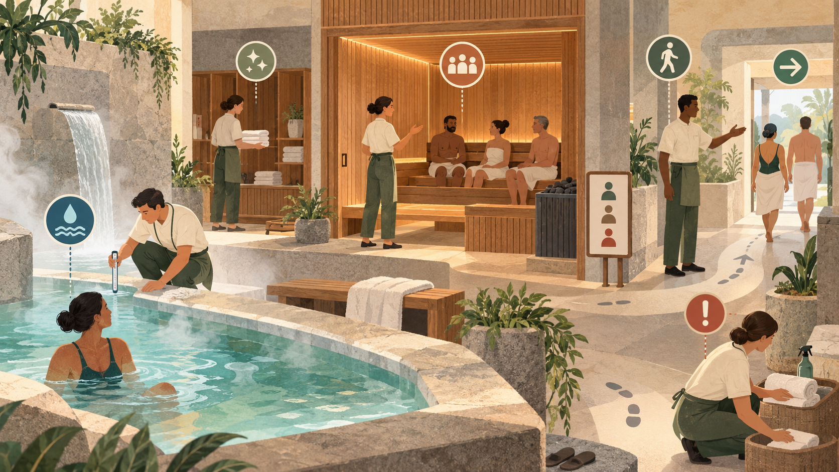 Editorial illustration of a fictional thermal wellness team coordinating guest flow, water checks, staffing and a guided sauna session