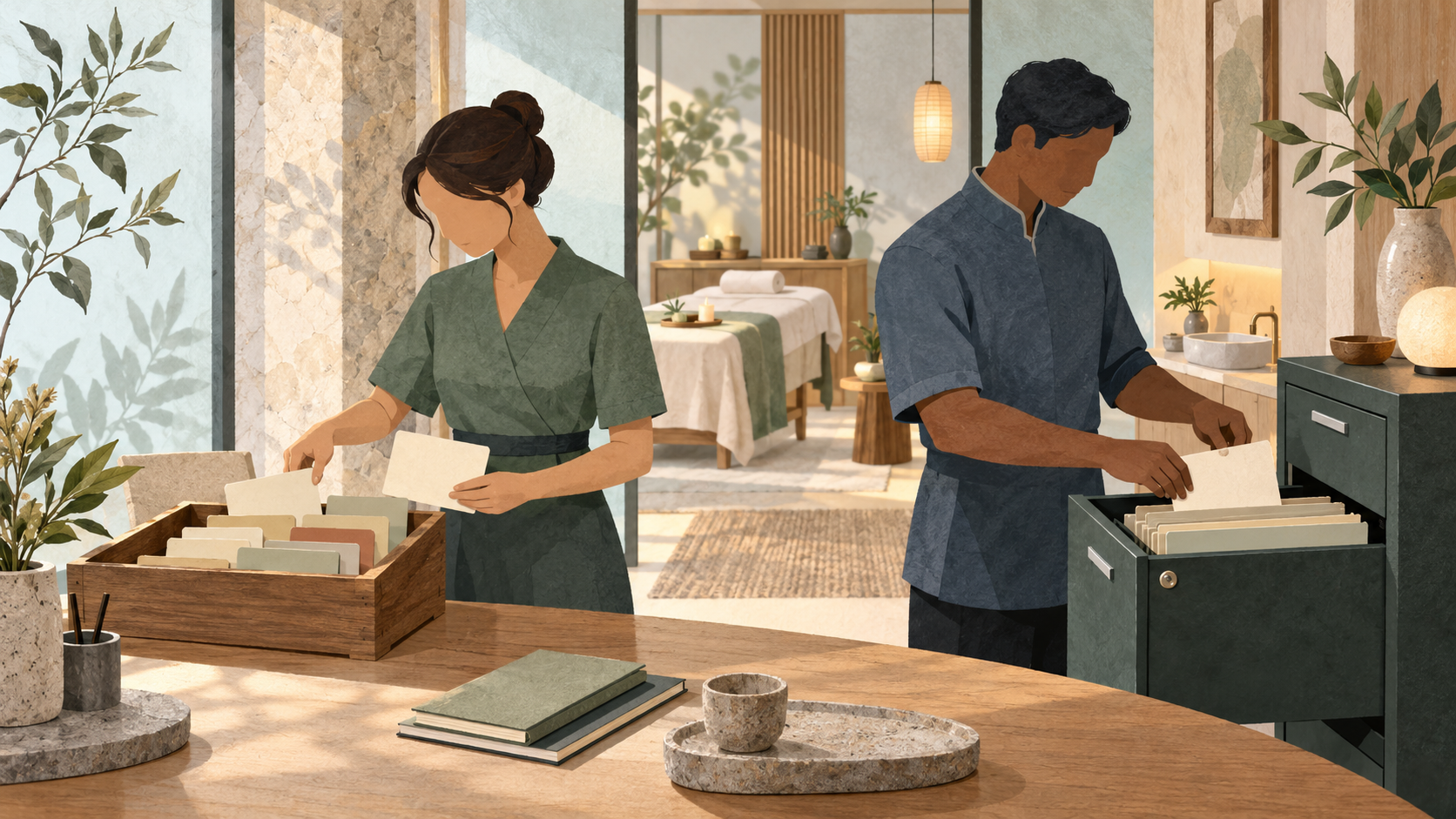 Editorial illustration of two fictional spa staff moving blank licence cards from an archive tray into a secure cabinet beside a treatment room